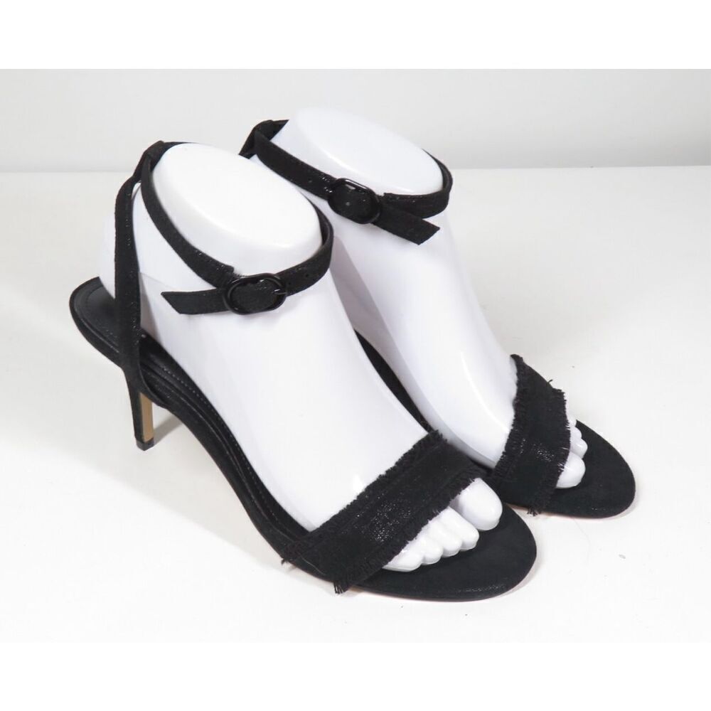WHBM Shiloh Suede Heels Sandal Fringe Edges Ankle Strap Black Metallic Women 7